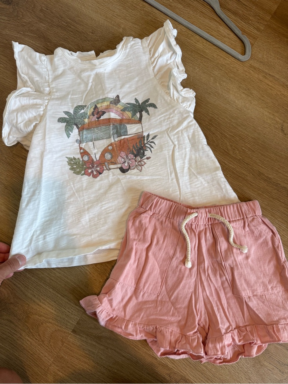 White Graphic Ruffle Sleeve Top & Pink Ruffle Shorts Set